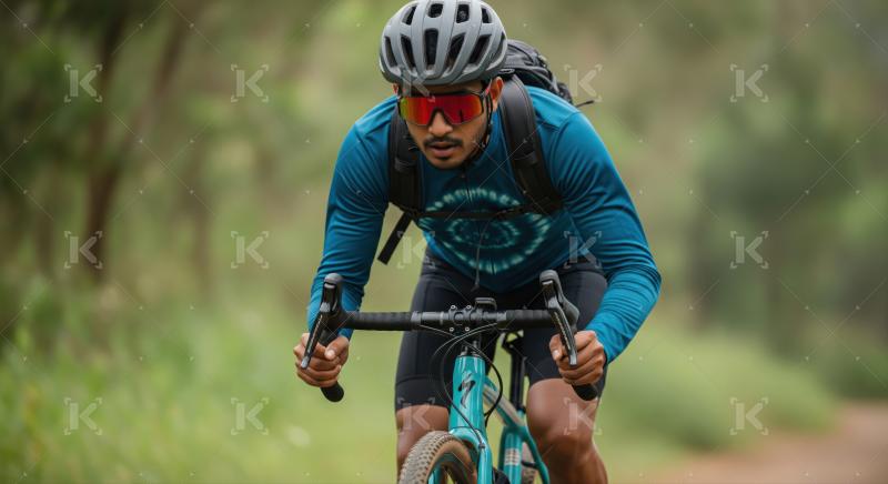 Adventurous cyclist riding through a green forest on a dirt path.