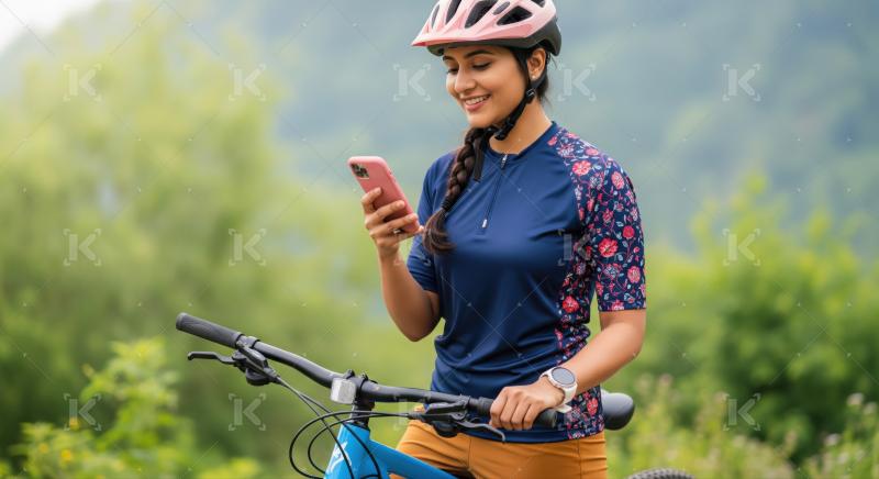 Happy woman cyclist checks phone, enjoys outdoor cycling experience.