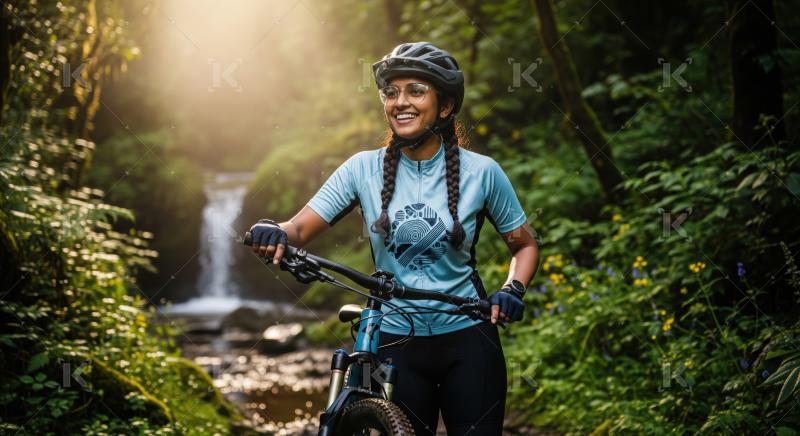 Enthusiastic biker explores lush green woods near flowing waterfall.