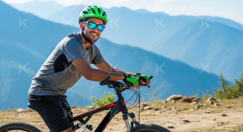 Young man enjoying mountain biking adventure with scenic backdrop.