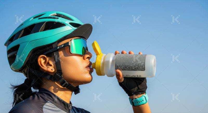 Woman cyclist refreshing herself with water, staying hydrated outdoors.