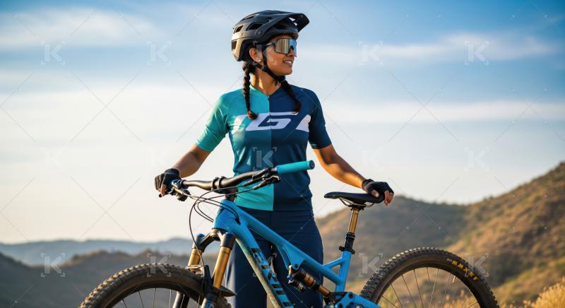 Confident female cyclist enjoys a well-deserved break on the trail.