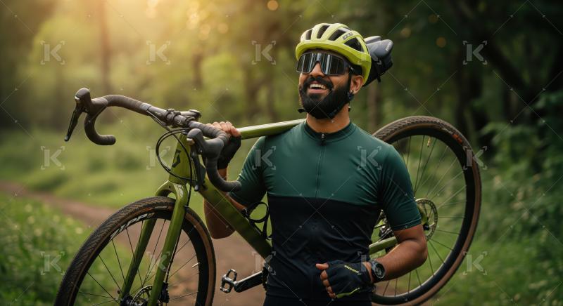 Joyful man carrying gravel bike through lush, sunlit outdoor trail.