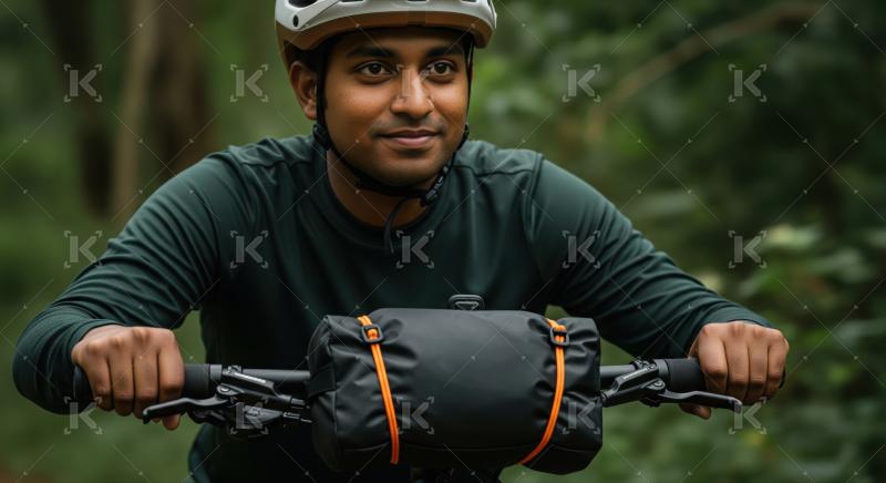 Adventurous cyclist equipped with Ortlieb bag enjoys nature ride.