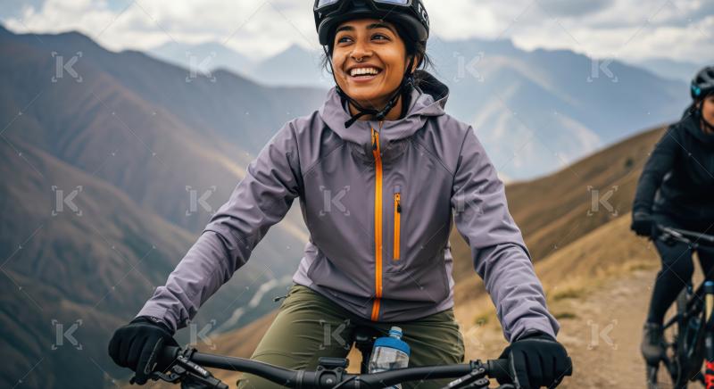 A happy woman mountain biking on a beautiful mountain trail.
