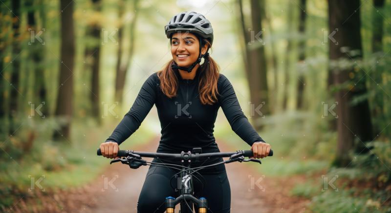 Smiling woman mountain biking, enjoying nature and active lifestyle.