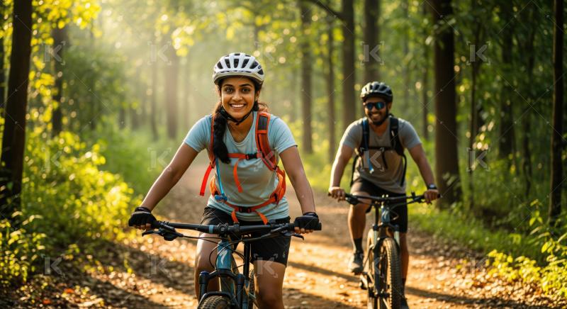 Happy couple cycling together on a beautiful sunlit forest trail.