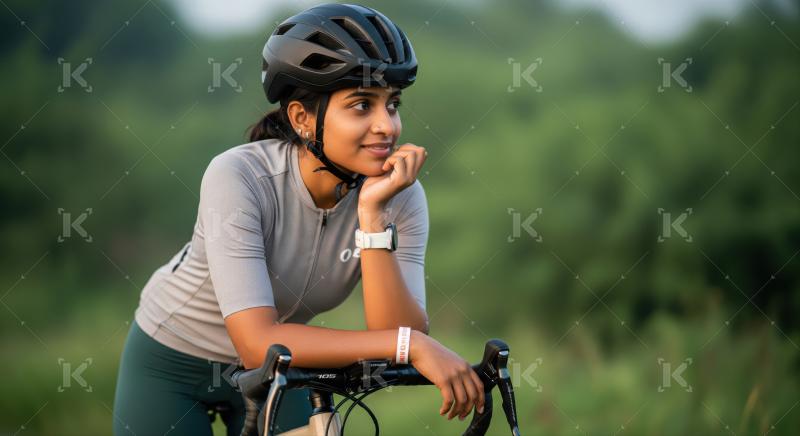 Pensive female cyclist enjoying a break in a refreshing green natural setting.
