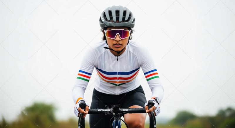 Focused female cyclist in helmet and sunglasses on outdoor ride.