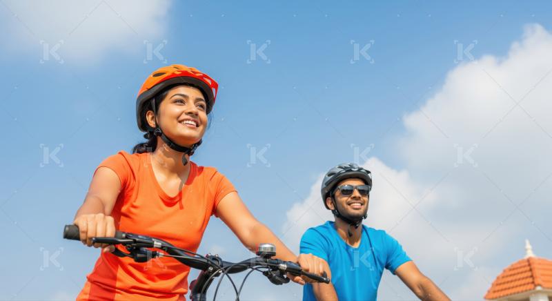 Smiling Indian couple cycling together, enjoying a healthy lifestyle.