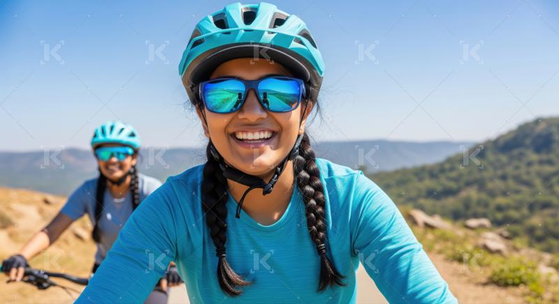 Two cheerful Indian women happily cycling on a sunny road outdoors.