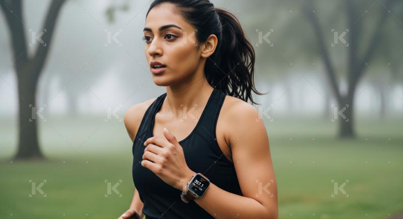 Determined woman jogging, tracking fitness progress with a smartwatch.