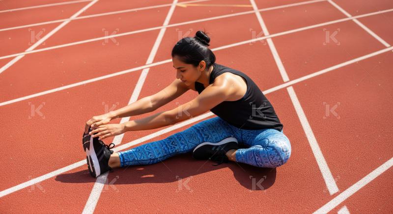 Focused woman performing a seated stretch on a vibrant track.