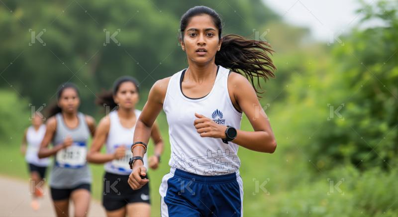 Determined young woman runs vigorously in outdoor race competition.