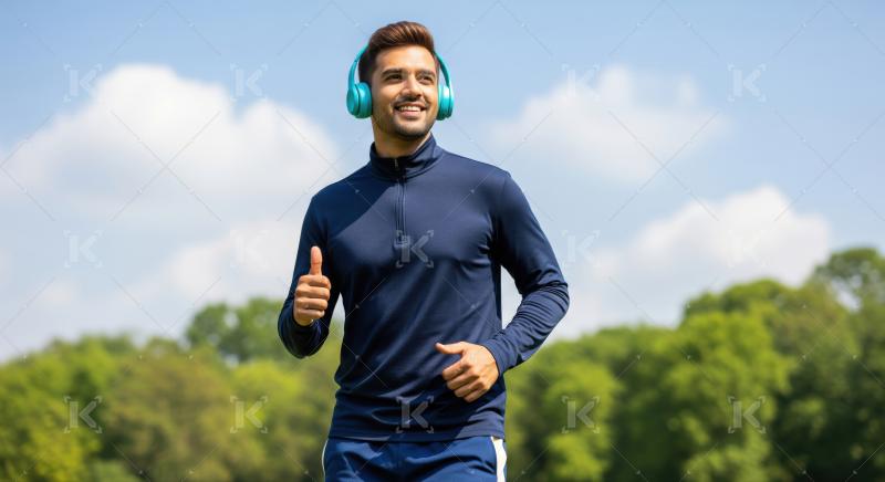 Joyful man enjoying his outdoor run with music.