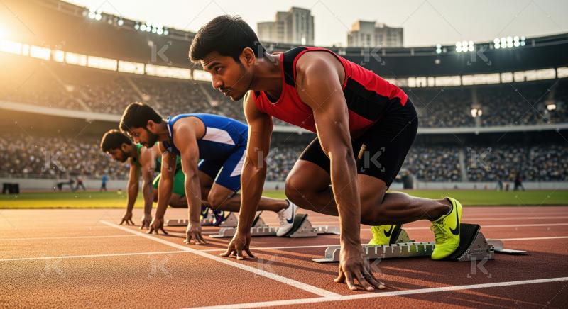 Focused athletes ready to sprint on track at sunset.