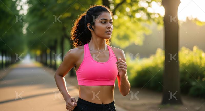 Focused athlete enjoys peaceful morning run in sunlit park.