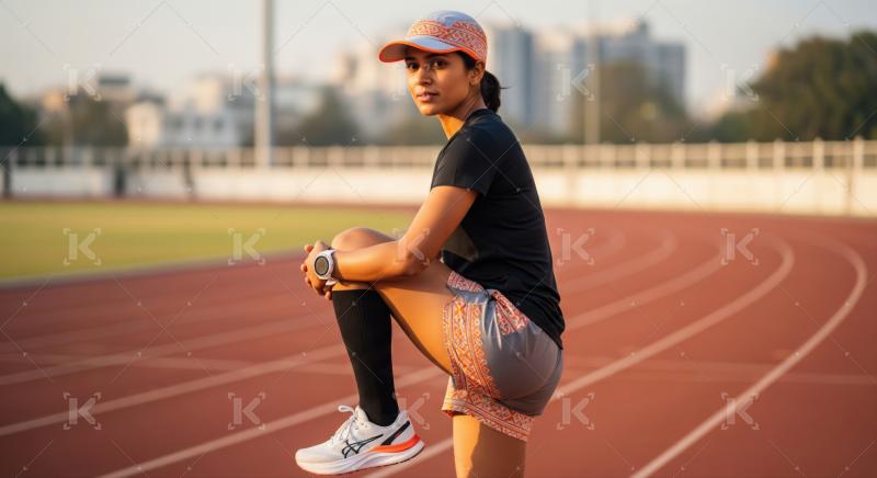 Runner stretching on track at golden hour.