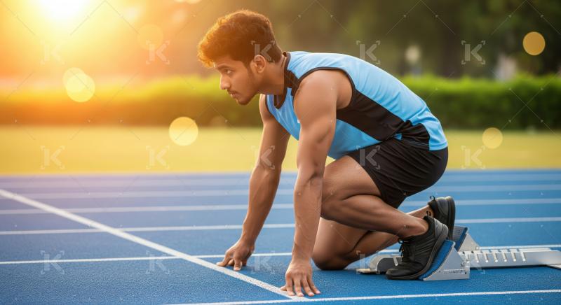 Determined runner poised in starting blocks on blue track.