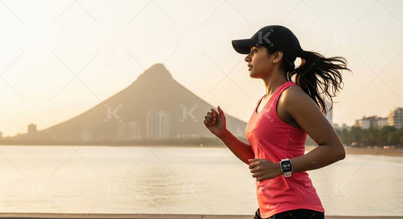 Active woman enjoys a scenic morning run by the water.