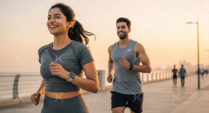Happy diverse couple enjoying a healthy outdoor jog at beautiful sunset.