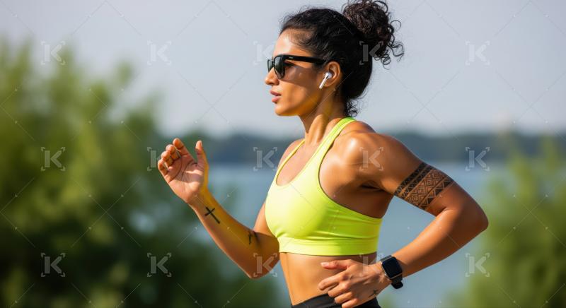 Focused woman running outdoors, embracing fitness and healthy active lifestyle.