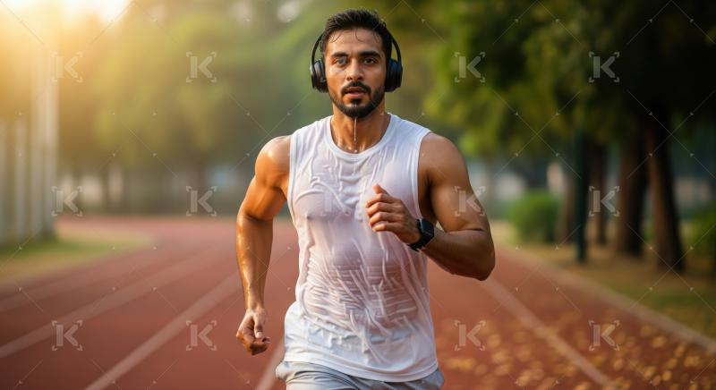 Determined athlete sweating during morning run on track with headphones.