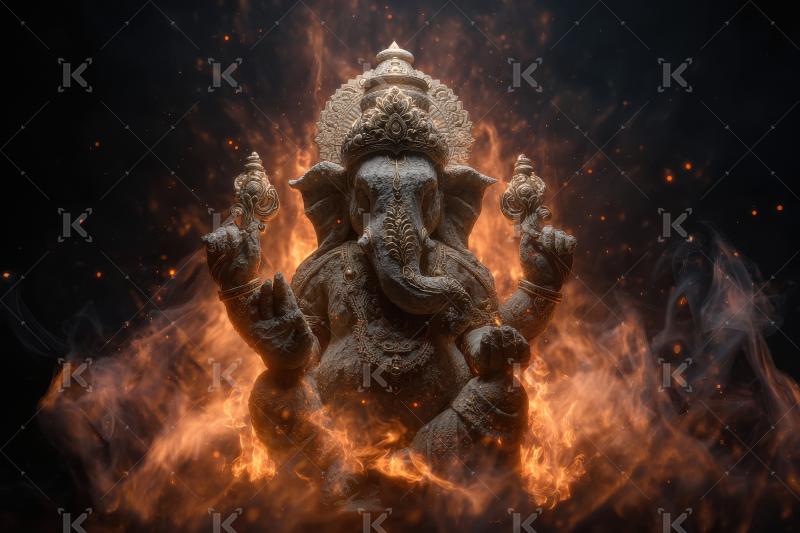 Beautiful lord ganesha statue surrounded by golden particles and divine light
