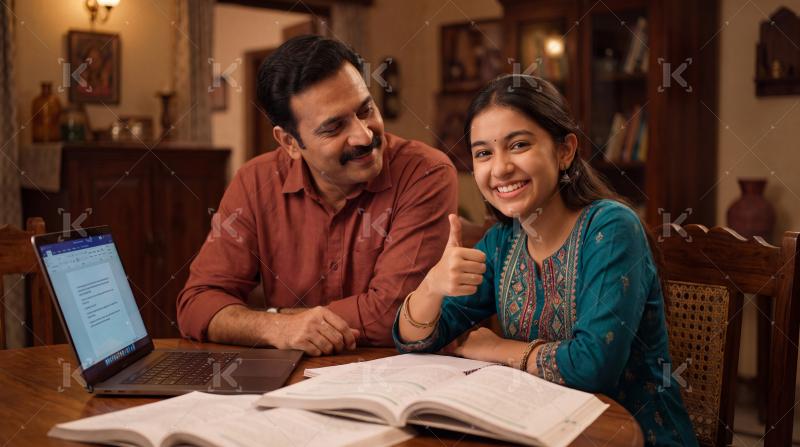 Happy indian father and daughter doing study together at home