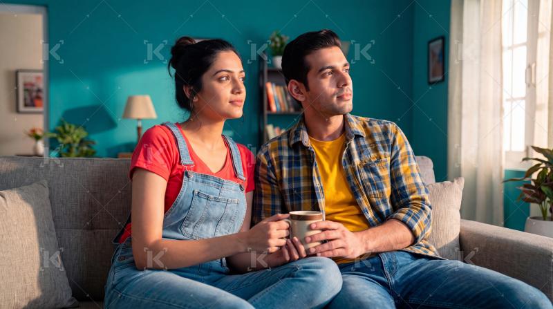 Happy young indian couple holding coffee cup together sitting at home