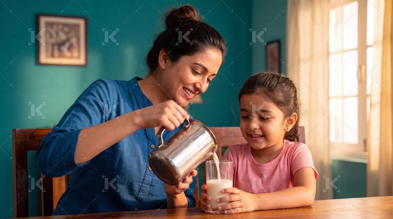 Happy indian mother and daughter pouring milk in glass at home