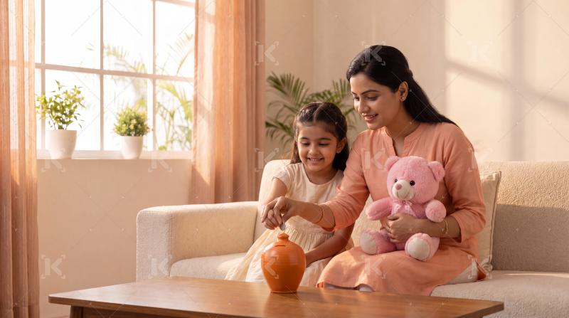 Happy indian mother and daughter putting coin in gullak sitting together at home