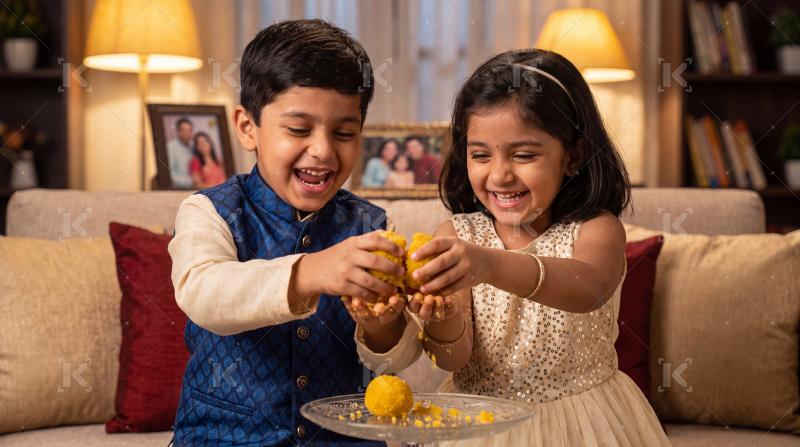 Happy indian brother and sister enjoying food together at home