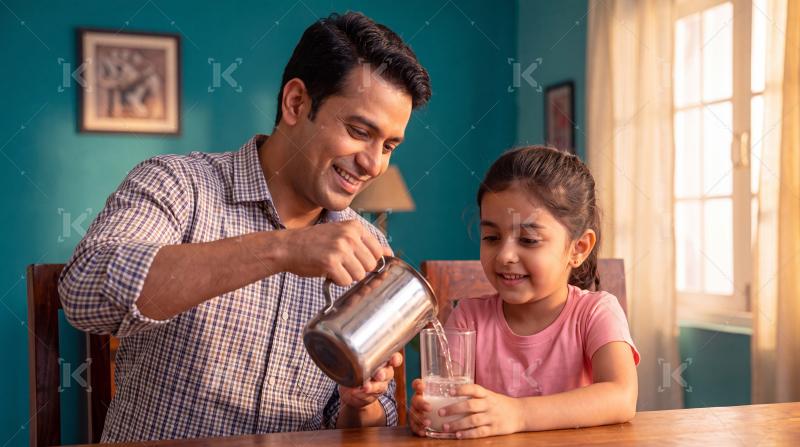 Happy indian father and daughter pouring milk in the glass