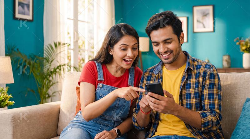 Young indian couple using smartphone together at home