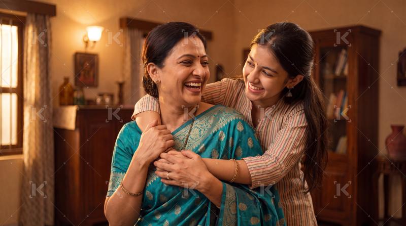 Young indian daughter and mother hugging together at home