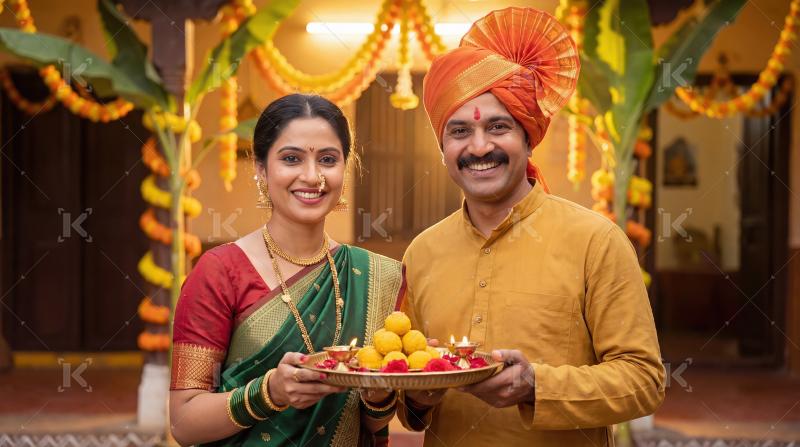 Smiling Maharashtrian Couple with Festive Offerings