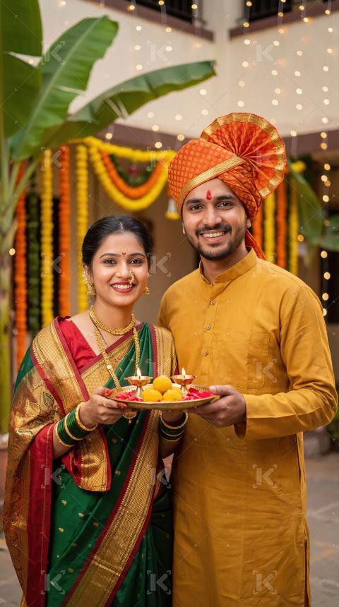 Traditional Indian Couple Celebrating Festival with Offerings