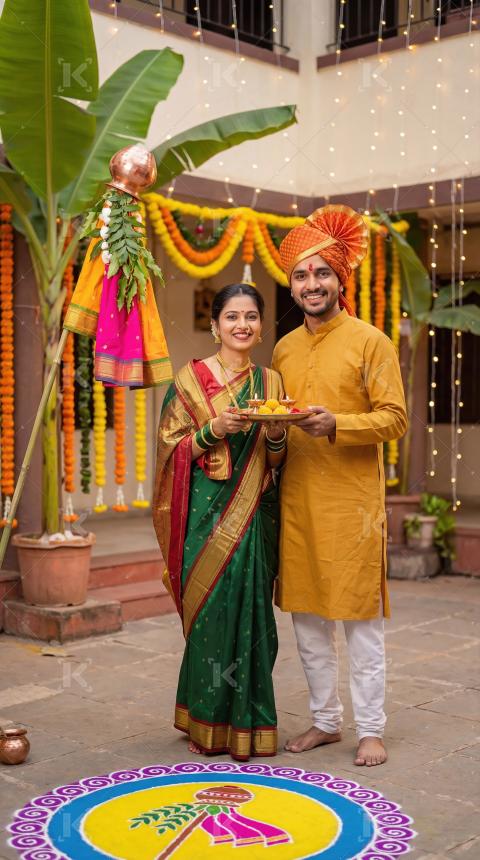 Happy Indian Couple Celebrating Gudi Padwa Festival