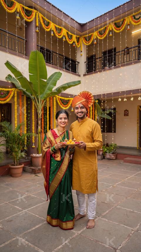 Happy Indian Couple Celebrating Festival with Traditional Offeri