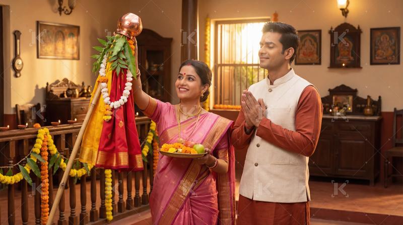Traditional Indian Couple Celebrating Gudi Padwa Festival