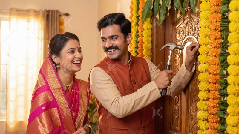 Happy Indian Couple Decorating Home for Festival