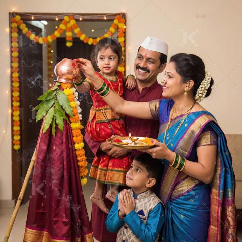 Maharashtrian Family Celebrating Gudi Padwa Festival