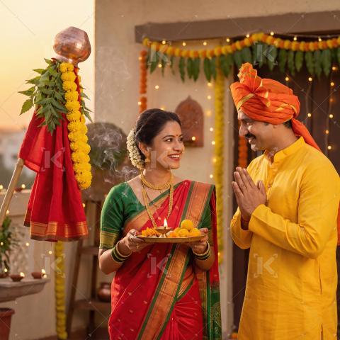 Joyful Indian couple performing Gudi Padwa puja ceremony