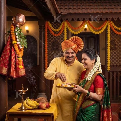 Maharashtrian Couple Celebrating Gudi Padwa with Traditional Puj