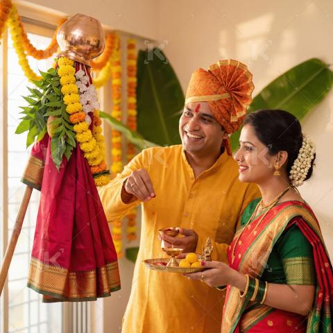 Happy Indian Couple Celebrating Gudi Padwa Festival at Home