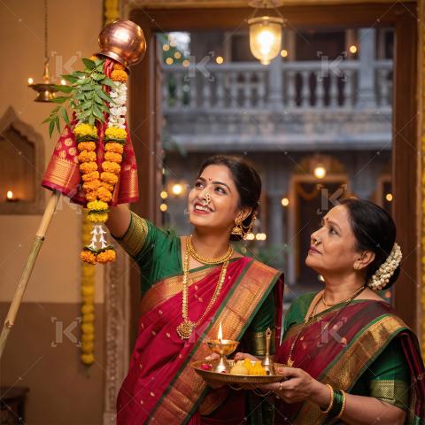 Mother and Daughter Celebrating Gudi Padwa Festival