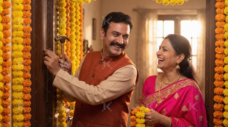 Happy Indian Couple Decorating Home for Festival