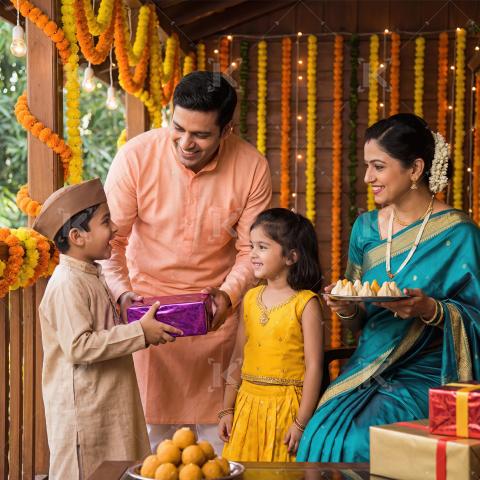 Happy Indian Family Celebrating Festival with Gifts and Sweets