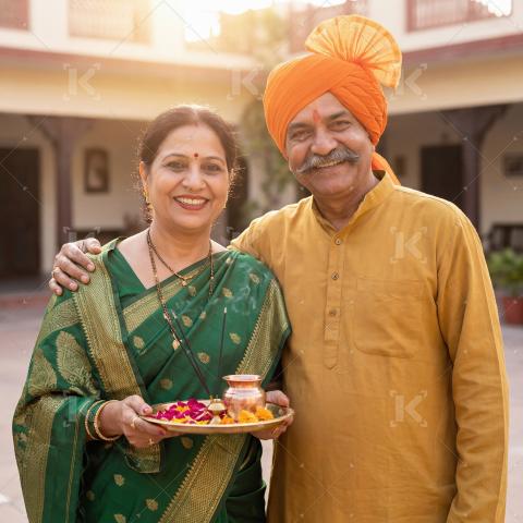 Happy Indian Couple Performing Traditional Puja Ceremony